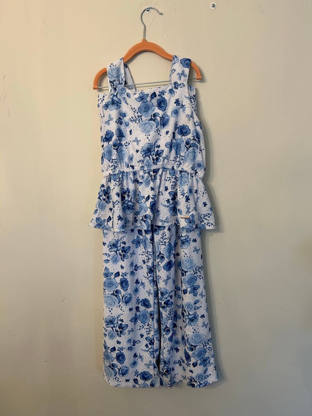 Tahari Girls Blue White Floral 2 Pc Matching Set Peplum Top Wide Leg Pants Sz 12